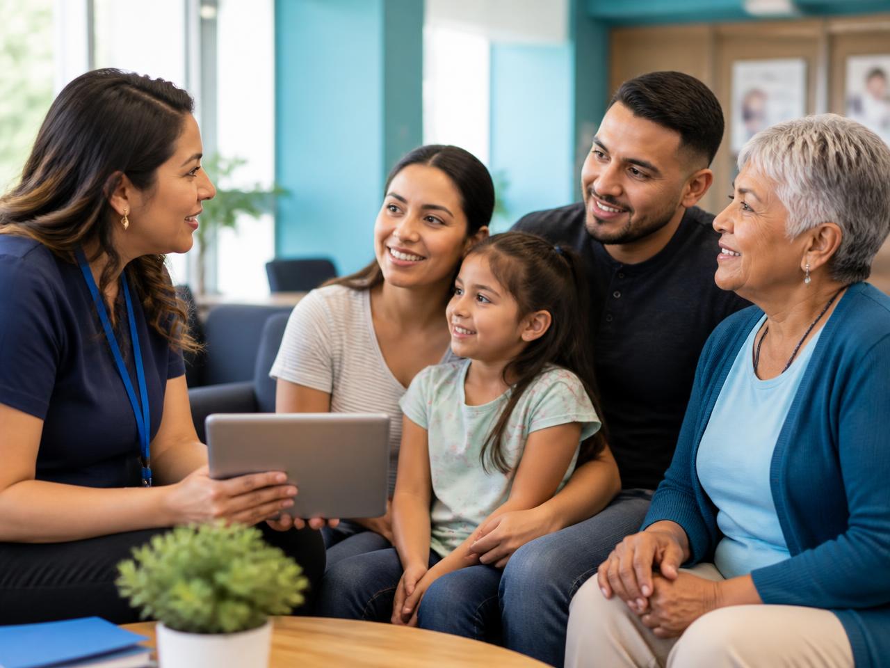 A bilingual community health educator sharing information with a family